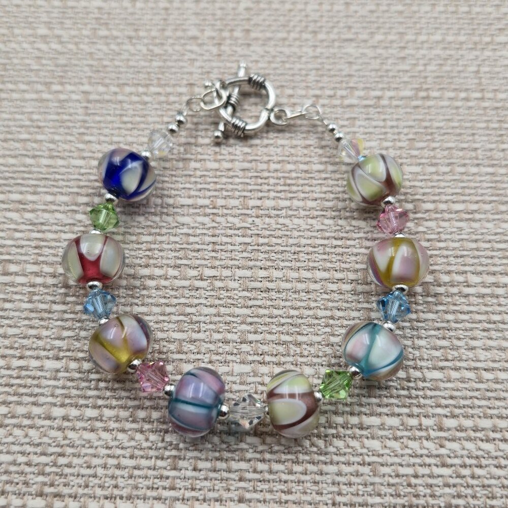 7.5 Inch Sterling Silver Colorful Crystal And Glass Handmade Bracelet B914